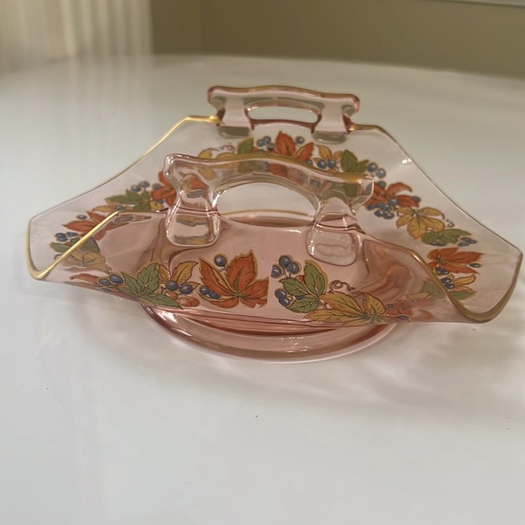 Heisey Folded Pink Autumn Design Dish with Handles - Picture 7 of 9